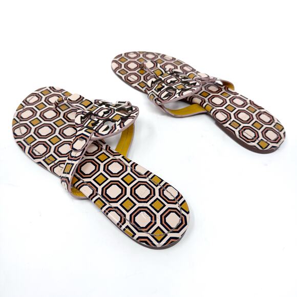 TORY BURCH Yellow Pink Geometric Print Patent Leather Miller Sandals Size 8 - Picture 7 of 11